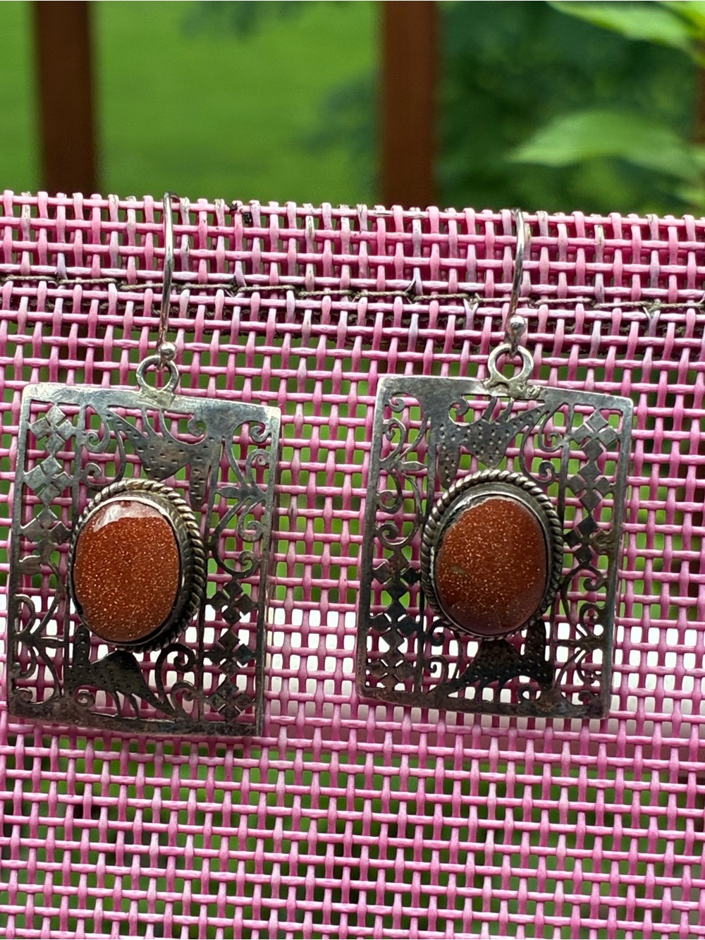 Filigree Rectangle Drop Earrings with Brown Goldstone